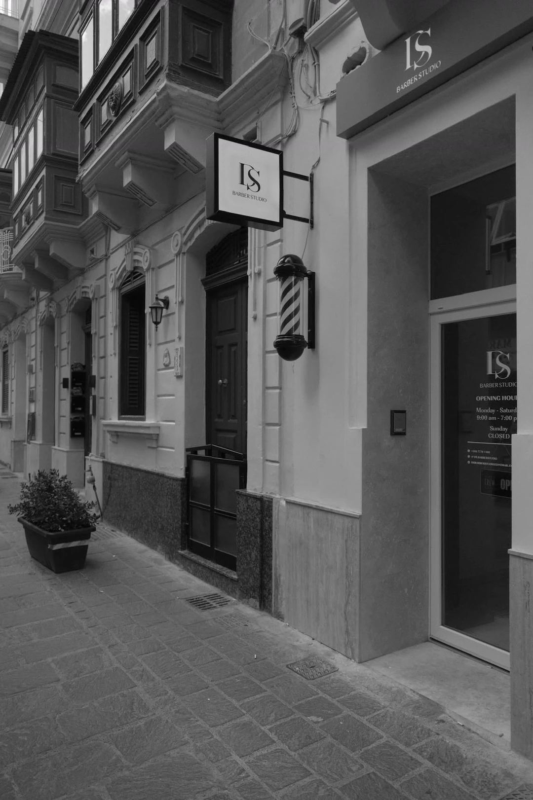 The studio façade in black and white, with the sign, the pole and a potted olive by the door.